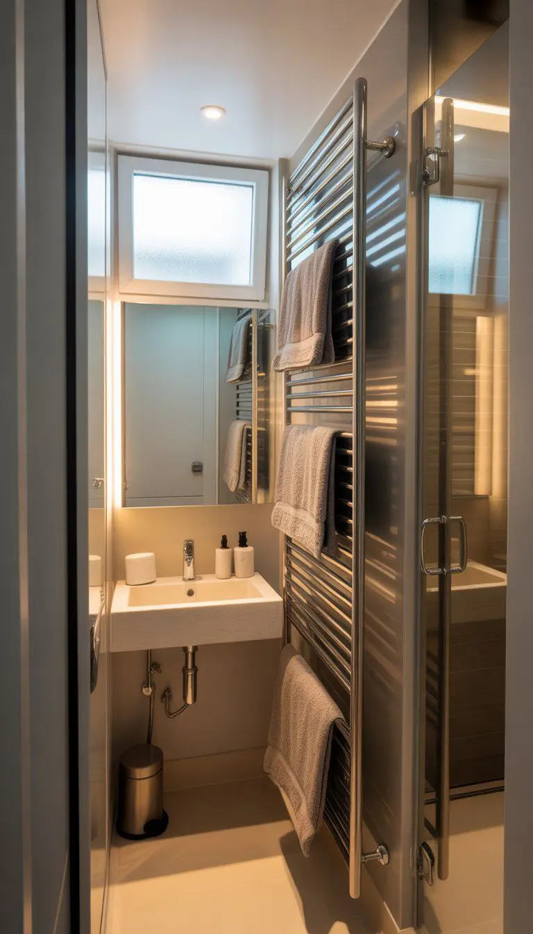 Small condo bathroom with vertical towel racks mounted on the wall, a compact sink, and a glass shower, showing an organized and spacious layout.