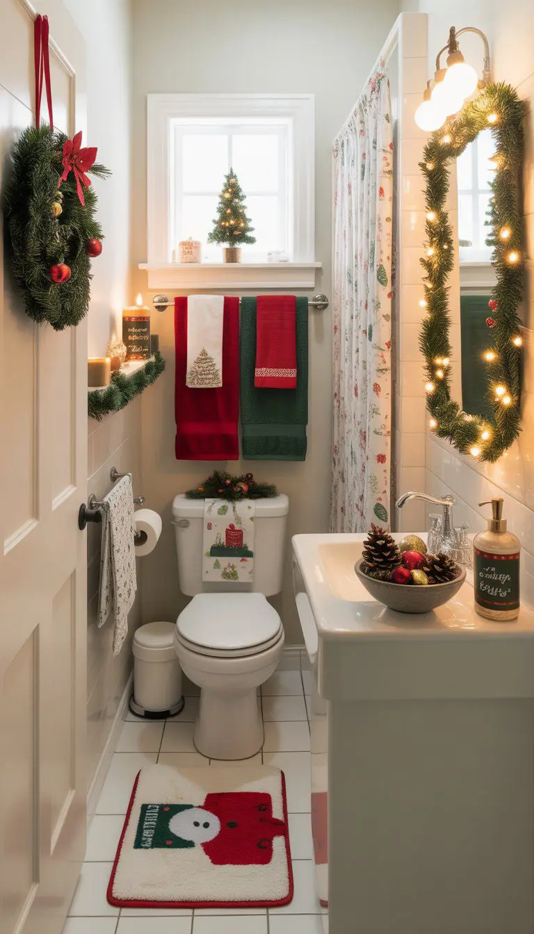 A small bathroom decorated with nine different Christmas decorations including a wreath, mini tree, festive towels, candle, garland with lights, themed soap dispenser, holiday shower curtain, bowl with pine cones and ornaments, and a Christmas bath mat.