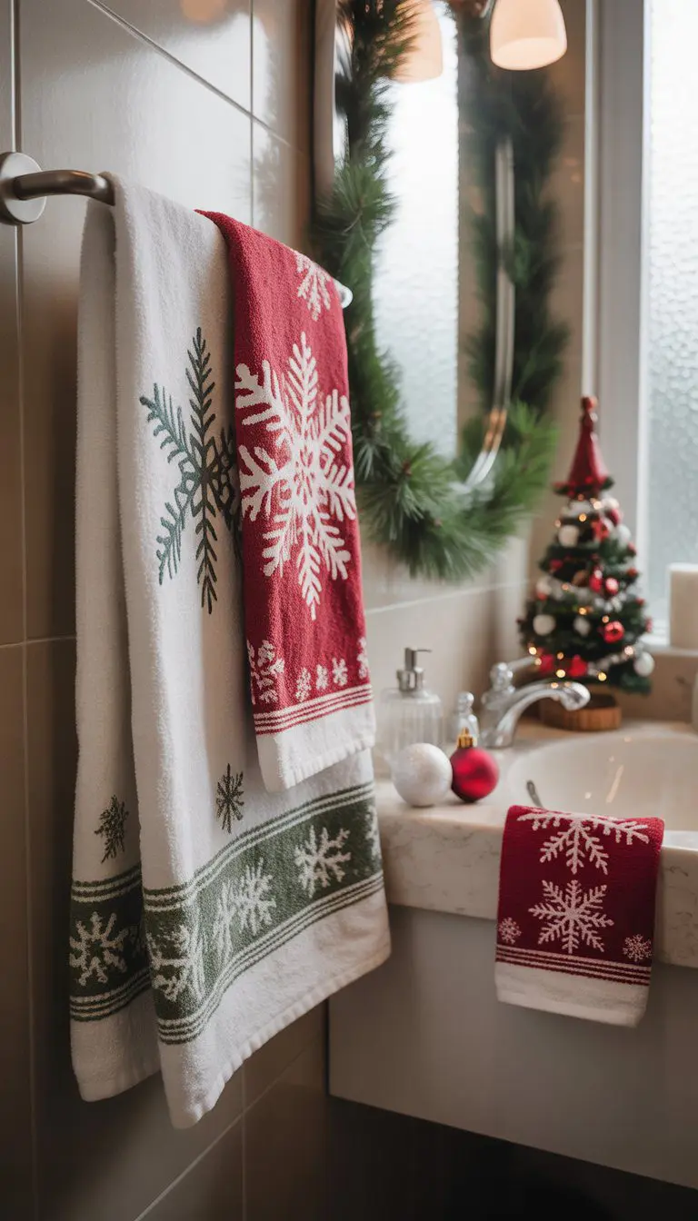 Small bathroom with holiday-themed snowflake patterned towels hanging, decorated with Christmas garland, ornaments, and a miniature Christmas tree.