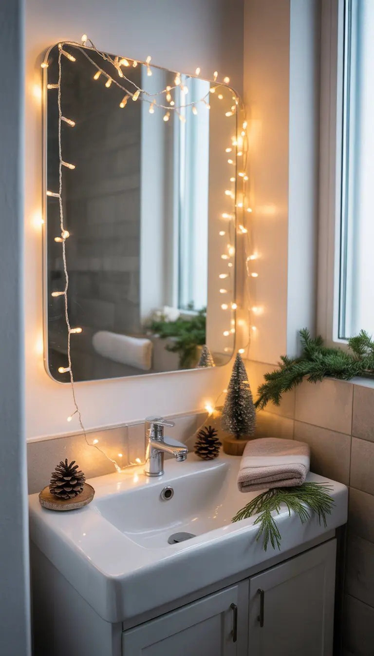 A small bathroom mirror decorated with warm mini string lights and subtle Christmas decor on the countertop.