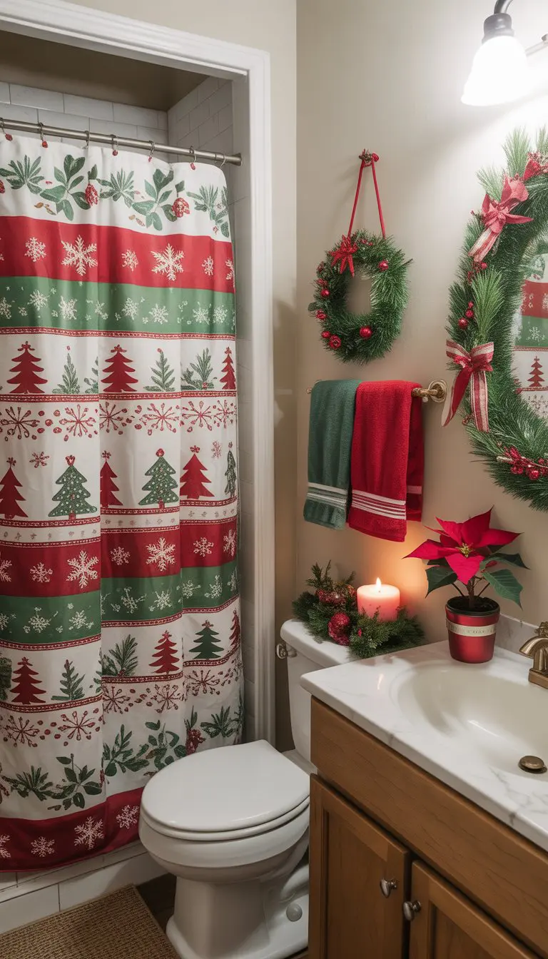 Small bathroom decorated for Christmas with a festive shower curtain, holiday towels, a wreath on the door, and a poinsettia on the sink.