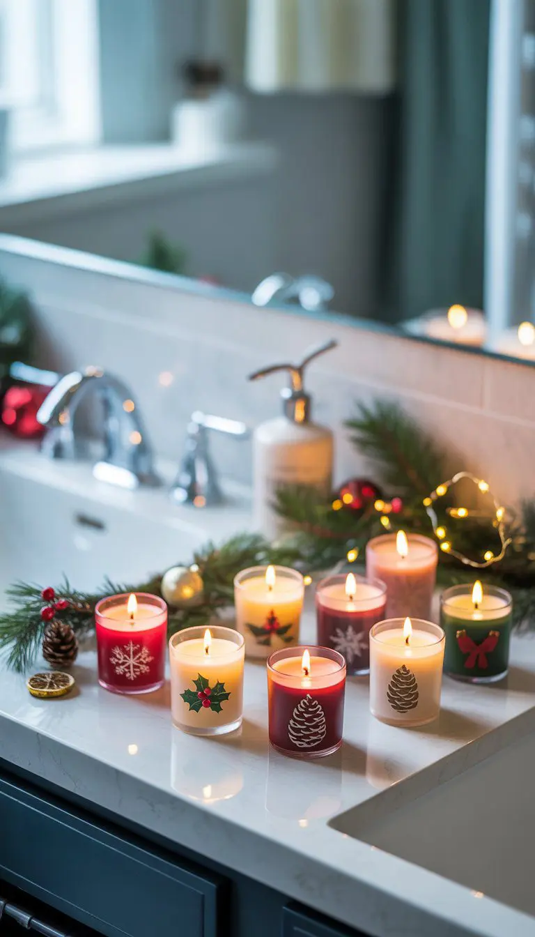Bathroom countertop with nine small scented Christmas candles and festive decorations arranged neatly.