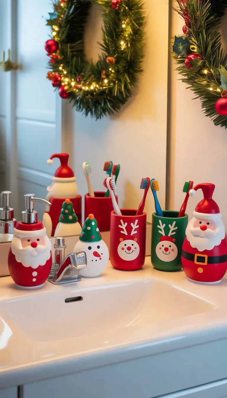 A small bathroom sink area decorated with Christmas-themed soap dispensers and toothbrush holders, surrounded by festive decorations.