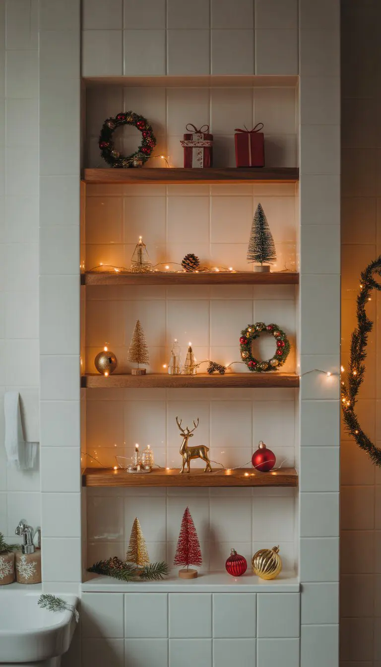 A bathroom with shelves decorated with small Christmas ornaments including miniature wreaths, candles, and tiny holiday figurines.
