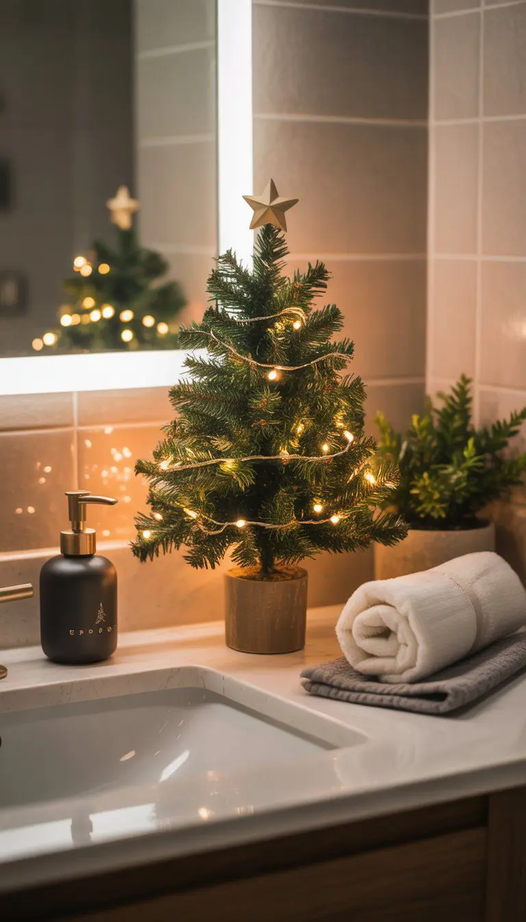 A small decorated tabletop Christmas tree on a bathroom countertop with towels and soap dispenser nearby.