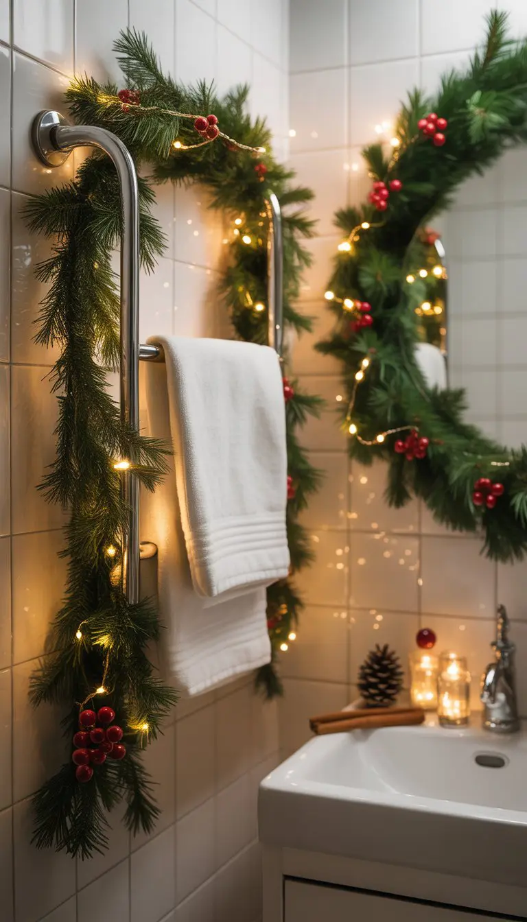 A small bathroom with a green garland hung along a towel rack holding white towels, decorated with red berries and fairy lights.