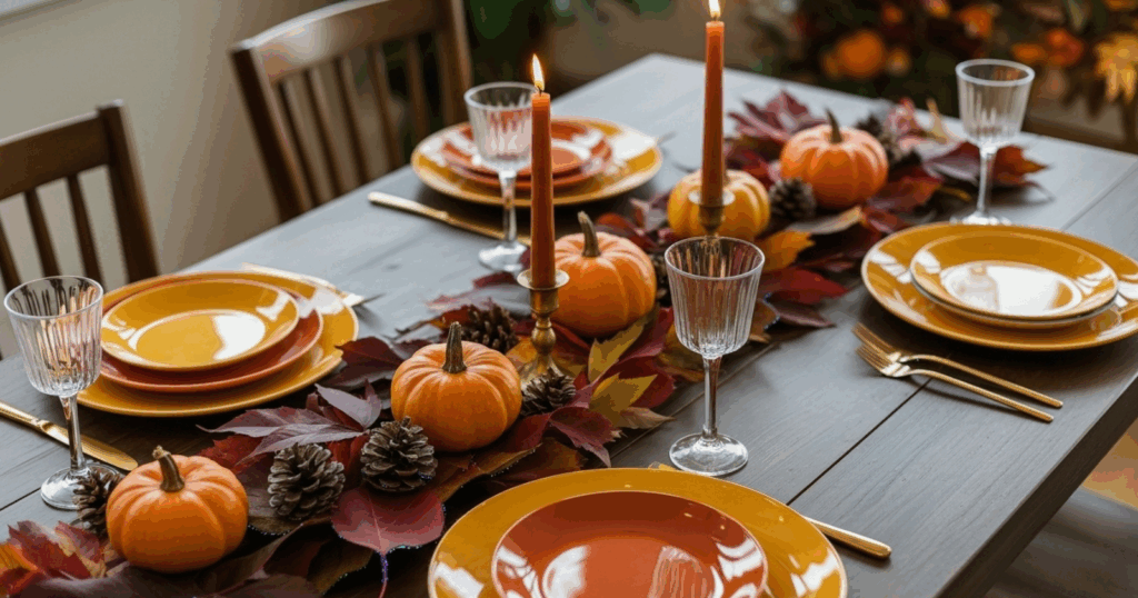Thanksgiving table with mini pumpkins, fall leaves, taper candles, orange plates, and glassware