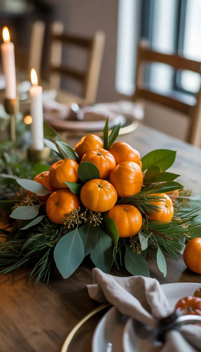 A Thanksgiving table centerpiece with fresh clementines and green foliage accents on a decorated table.