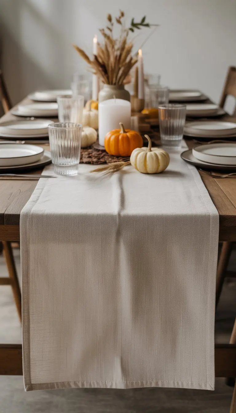 A Thanksgiving table with a neutral linen table runner decorated with small pumpkins, dried wheat, candles, and white plates on a wooden table.