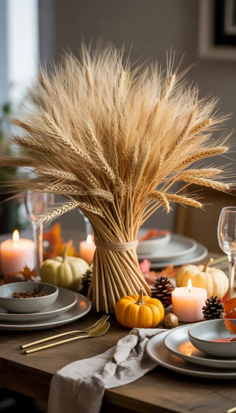 A Thanksgiving table with a centerpiece made of wheat stalks surrounded by small pumpkins and candles.