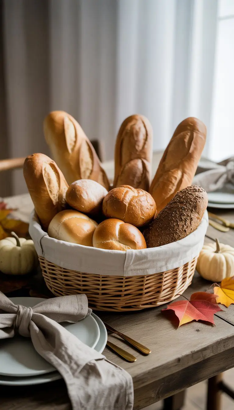 A basket of assorted bread and rolls on a wooden table with simple Thanksgiving decorations including autumn leaves and small pumpkins.