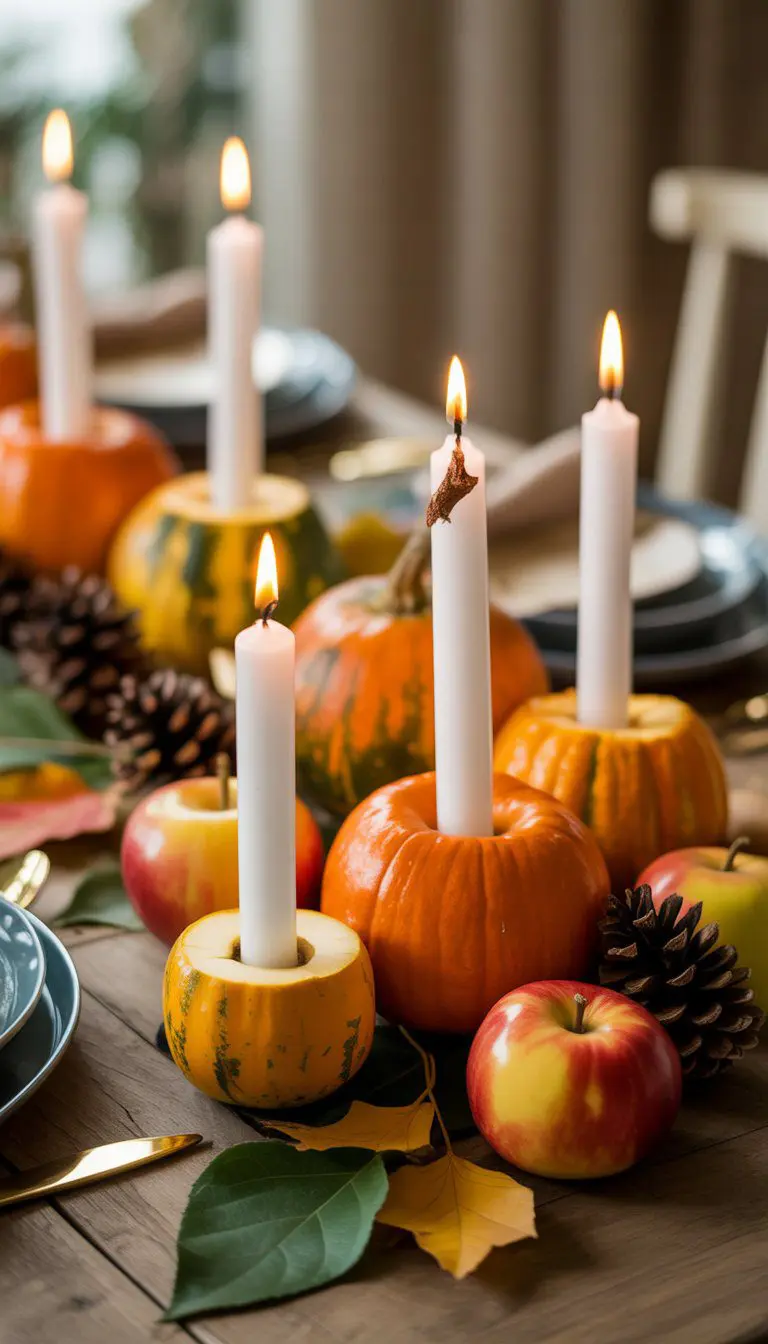 Thanksgiving table with fruits used as candle holders, surrounded by autumn leaves and pine cones.