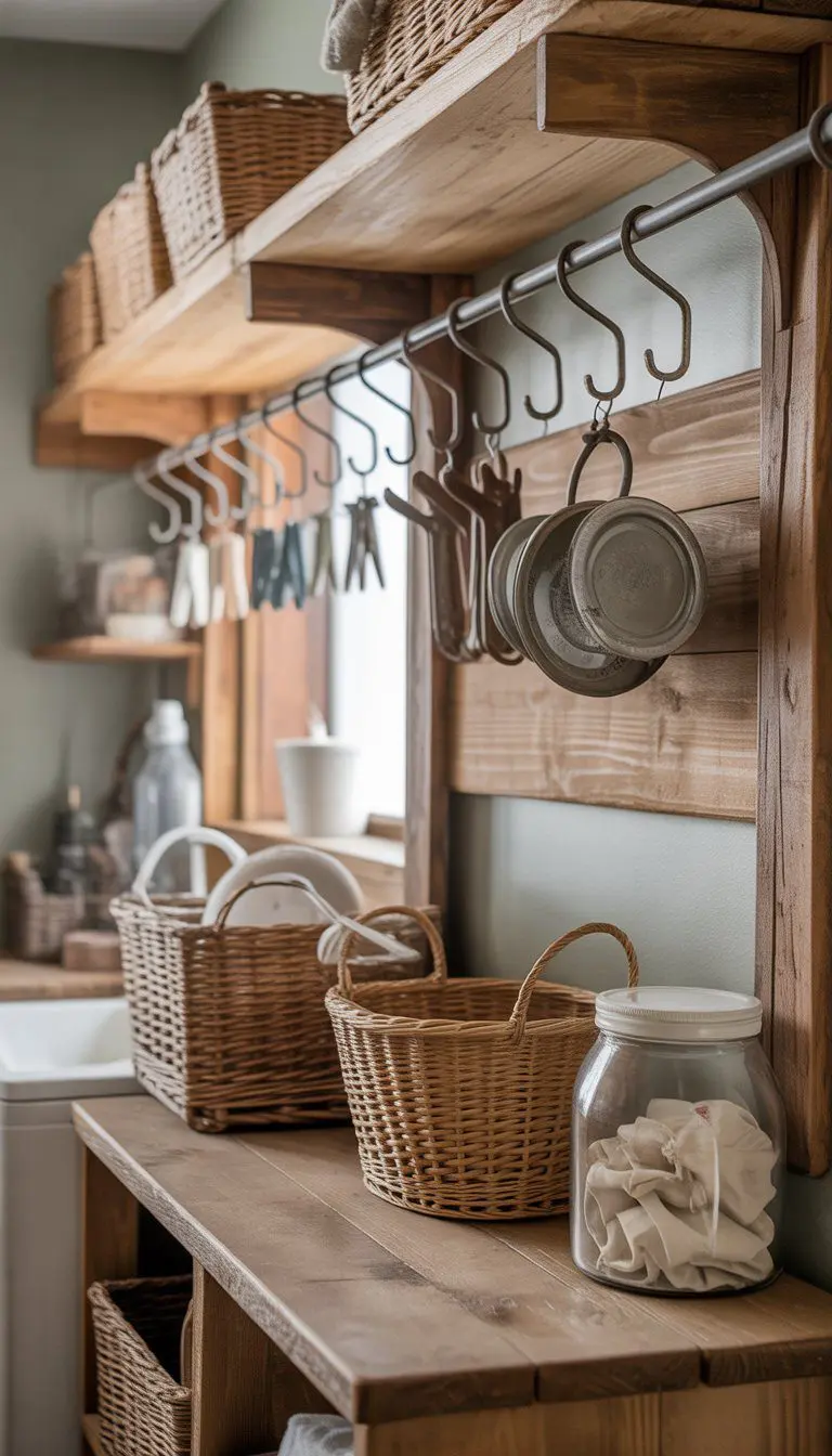 Wooden shelves with antique hooks holding laundry items in a laundry room.