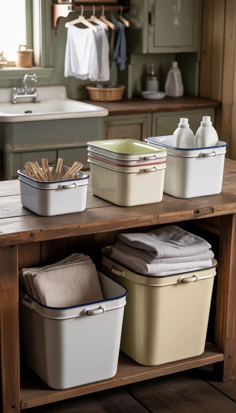 A laundry room with enamelware storage bins and baskets arranged on wooden shelves, surrounded by laundry supplies and a sink.
