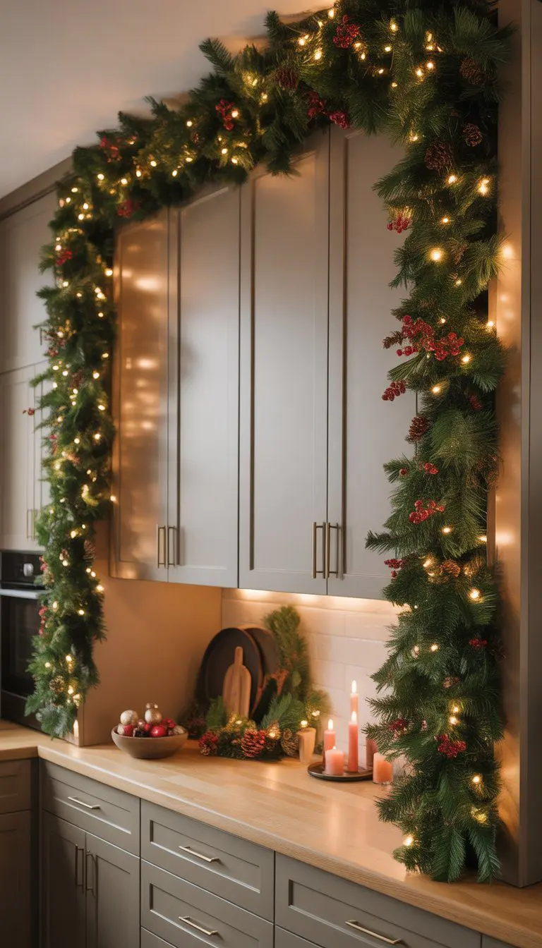 Kitchen cabinets decorated with green garlands and small LED lights for Christmas.