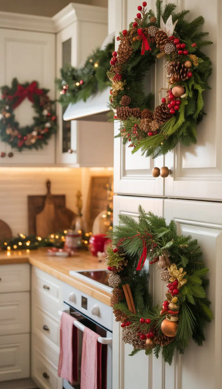 A kitchen with several festive Christmas wreaths hanging on white cabinet doors, decorated with pine cones, red berries, and evergreen sprigs.