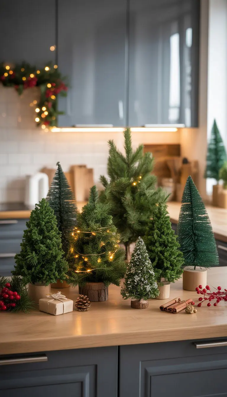 A kitchen countertop decorated with several small Christmas trees and festive holiday decorations.