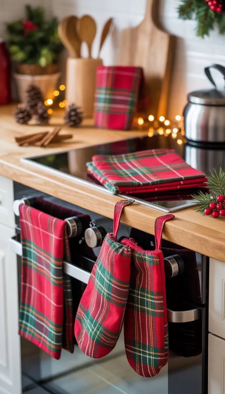 Red and green plaid dish towels and oven mitts displayed in a kitchen with Christmas decorations.