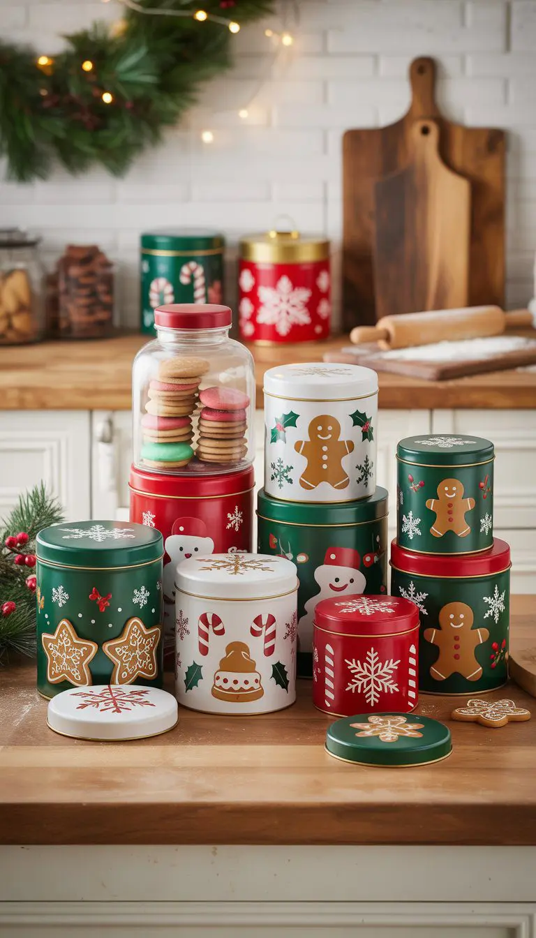 A kitchen countertop decorated with various Christmas-themed cookie jars and tins surrounded by holiday decorations.