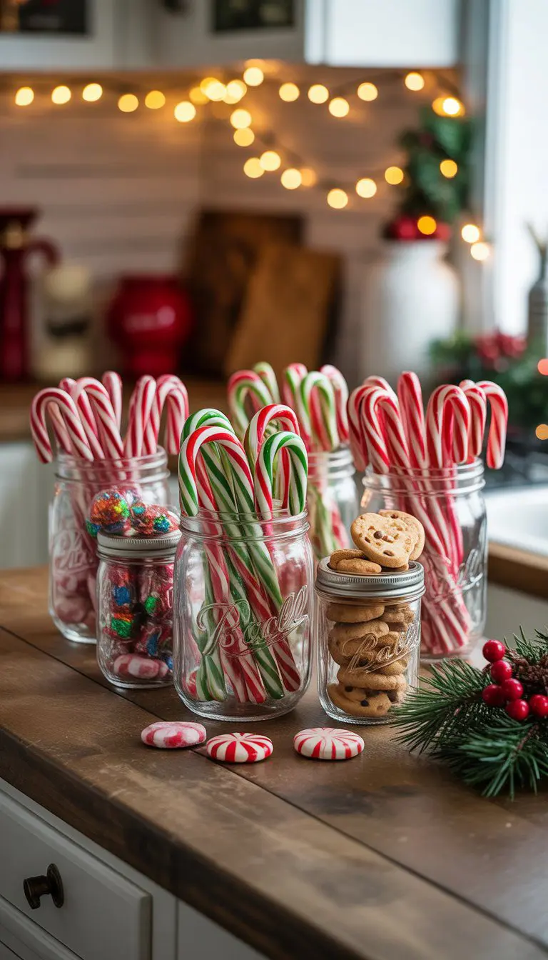 Mason jars filled with candy canes and holiday treats arranged on a kitchen countertop with Christmas decorations.