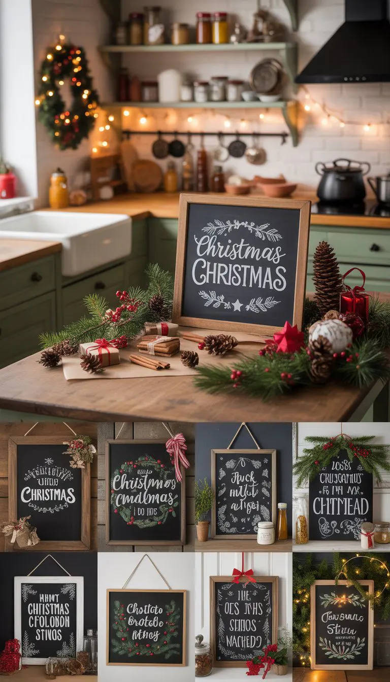 A kitchen decorated for Christmas with several chalkboard signs and various festive holiday decorations arranged on a wooden table and shelves.