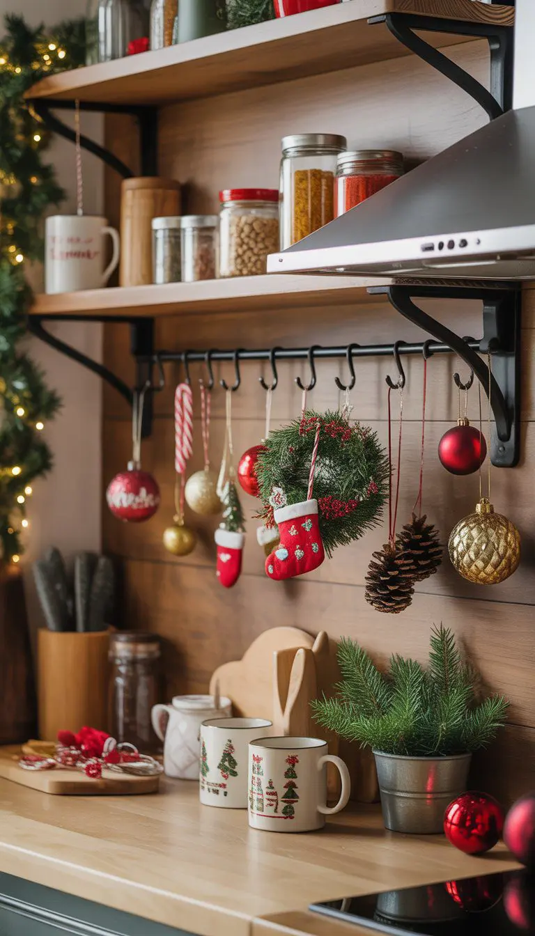 Kitchen shelves with hooks holding Christmas ornaments and festive kitchen decorations.