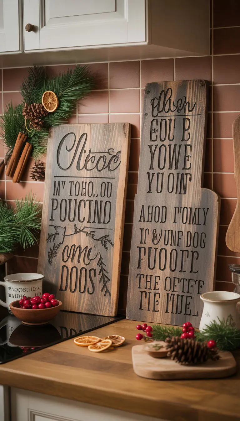 A kitchen decorated with rustic wooden signs and festive holiday decorations including pinecones, cinnamon sticks, and berries.
