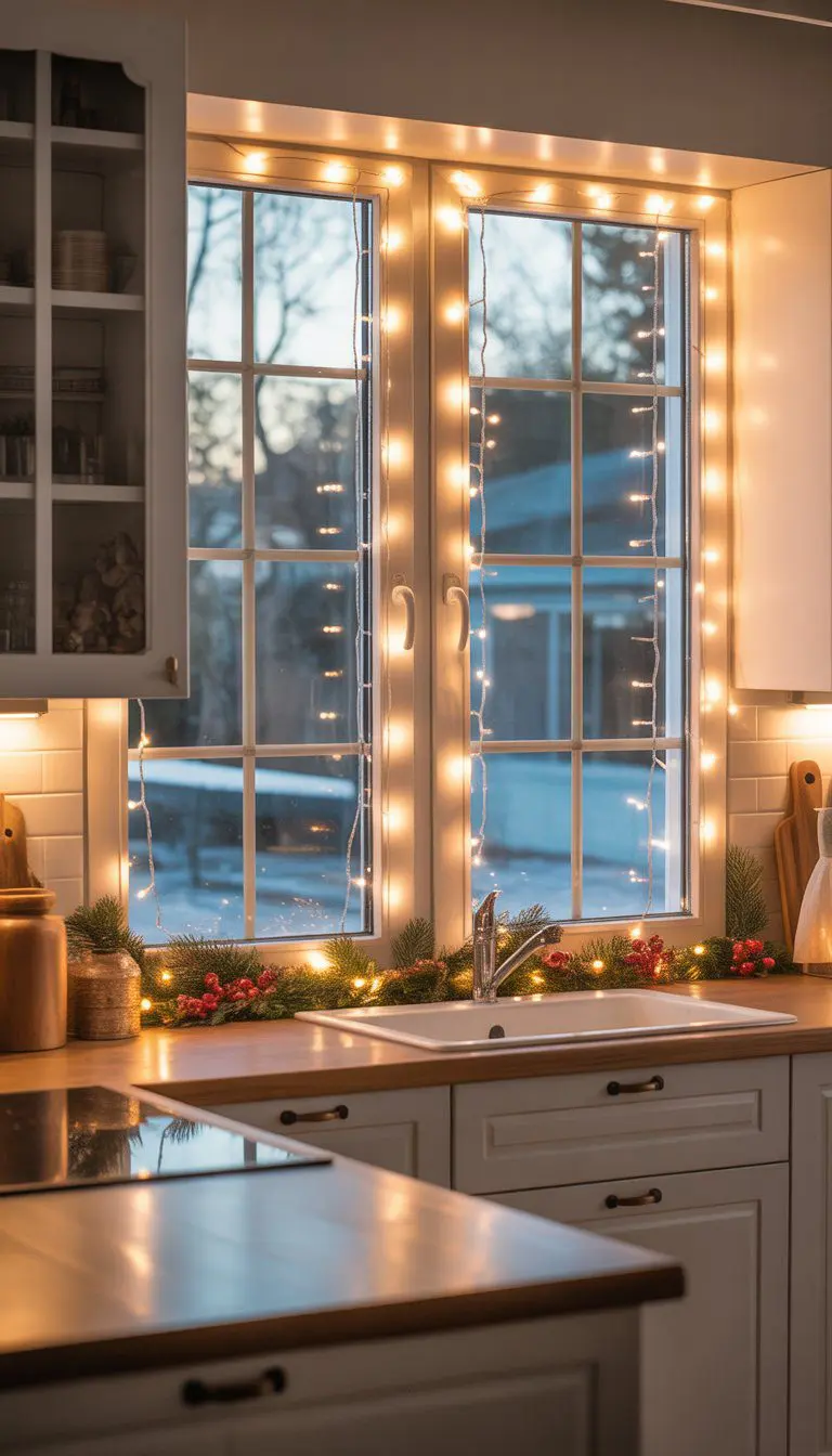 A kitchen with mini string lights wrapped around the windows and festive holiday decorations on the counters.