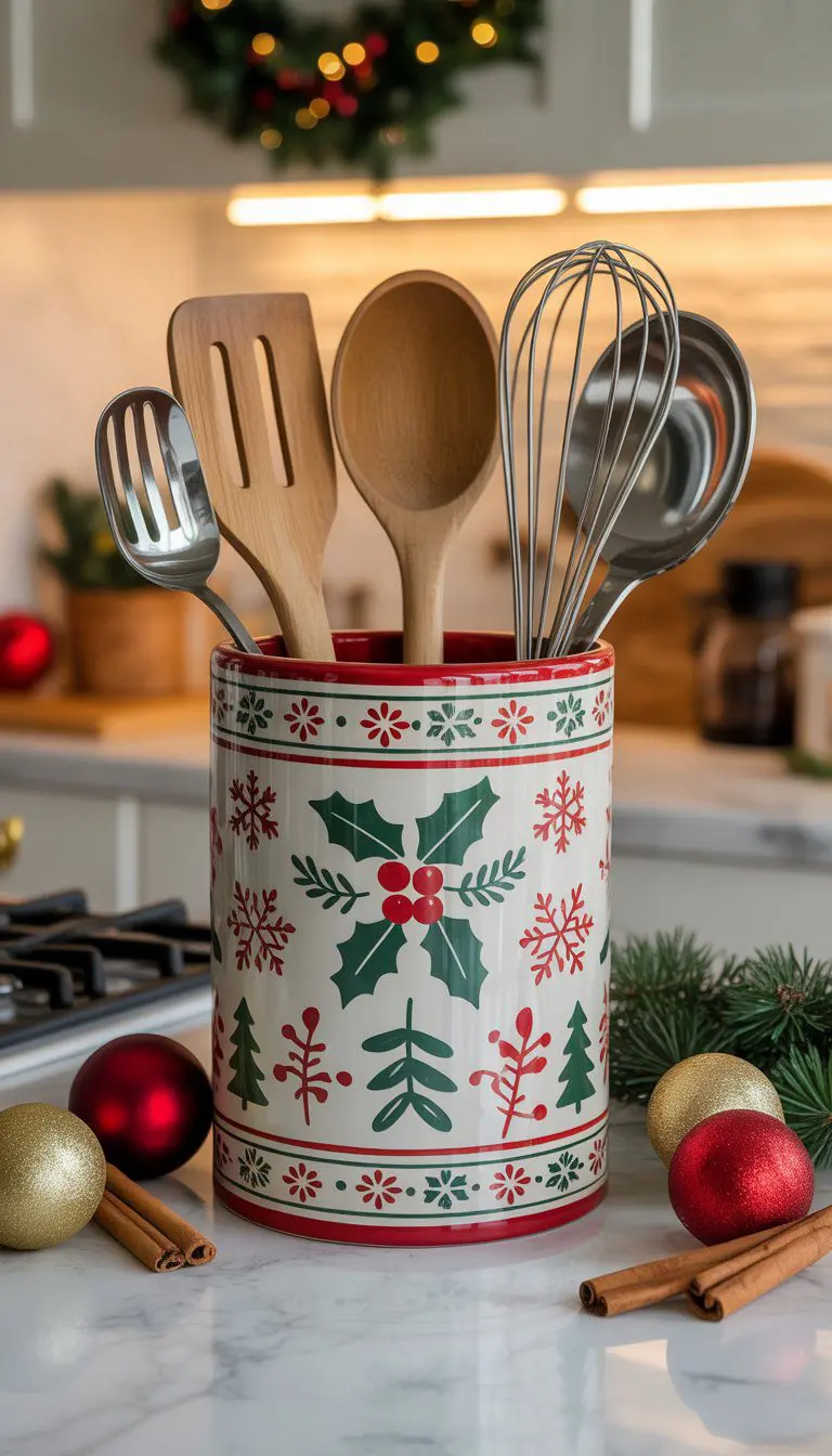 A Christmas-themed ceramic utensil holder filled with kitchen utensils on a countertop surrounded by holiday decorations.