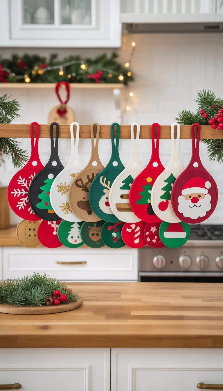 Twelve colorful holiday-themed silicone pot holders with Christmas designs displayed in a bright kitchen decorated for the holidays.