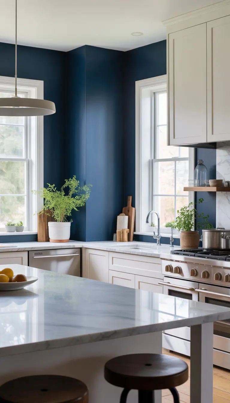 Modern kitchen with navy blue walls, white cabinets, stainless steel appliances, and a marble countertop island.