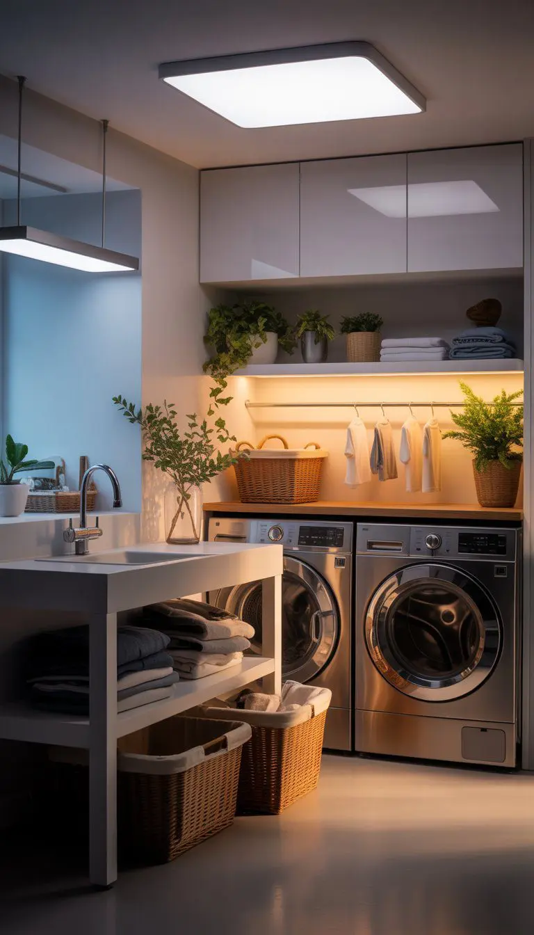 A clean and organized laundry room with washing machines, shelves, and layered lighting illuminating the space.