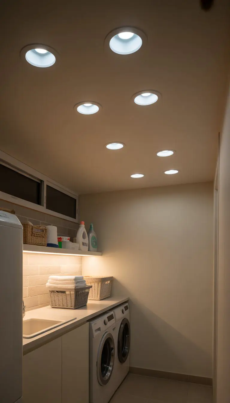 A clean laundry room with a washing machine, dryer, shelves, and multiple recessed ceiling lights providing bright illumination.