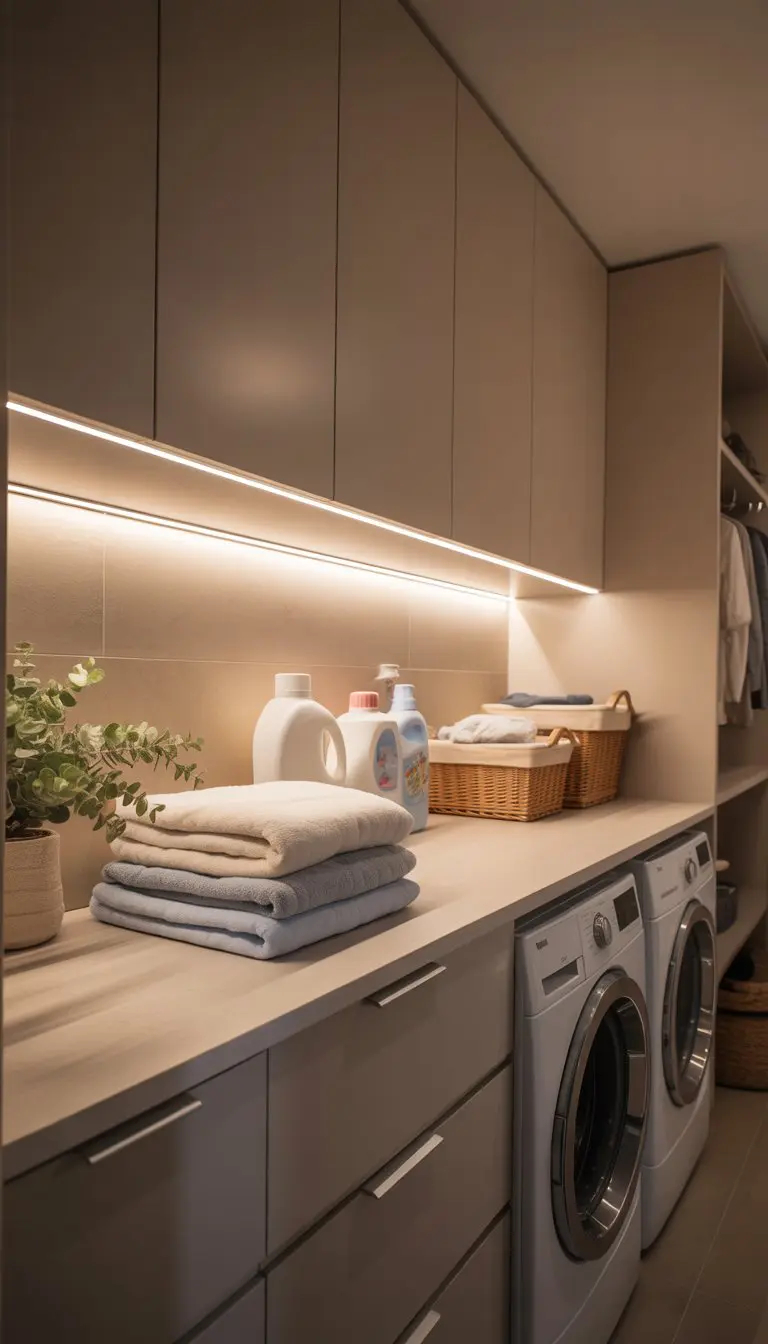 A well-lit laundry room with under-cabinet LED strip lights illuminating a countertop with laundry supplies and a washer and dryer nearby.