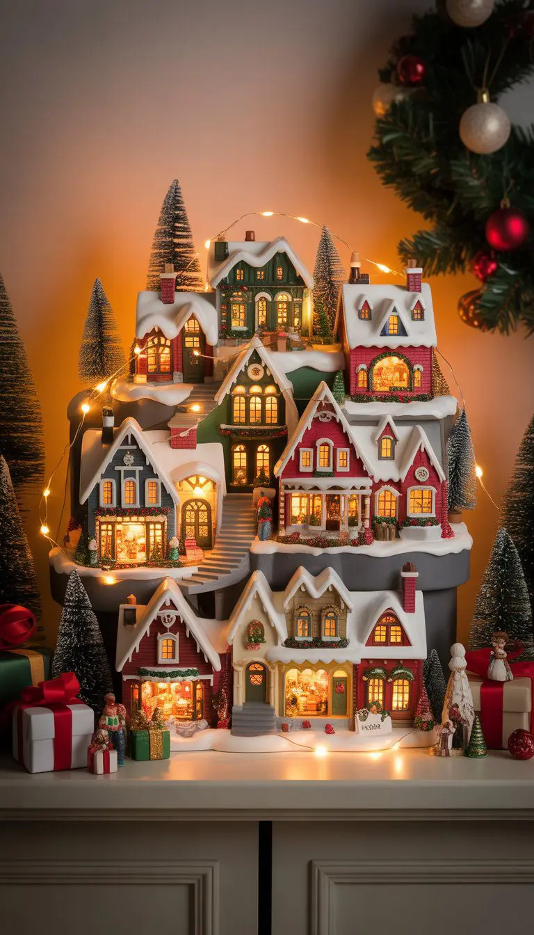 A miniature Christmas village with small houses and LED lights arranged on a shelf with festive decorations.