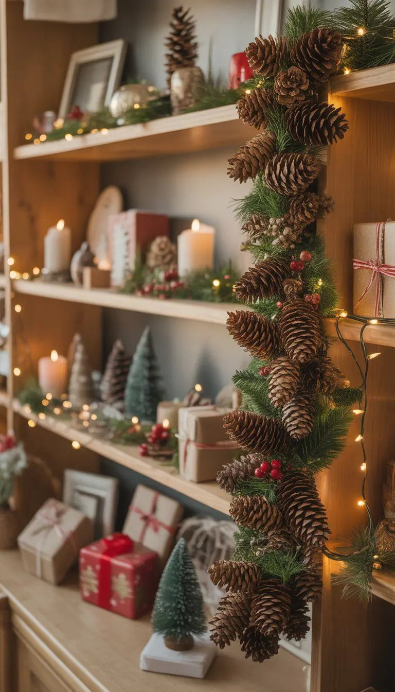Shelves decorated with a pine cone garland and various Christmas decorations including candles, ornaments, and small gifts.