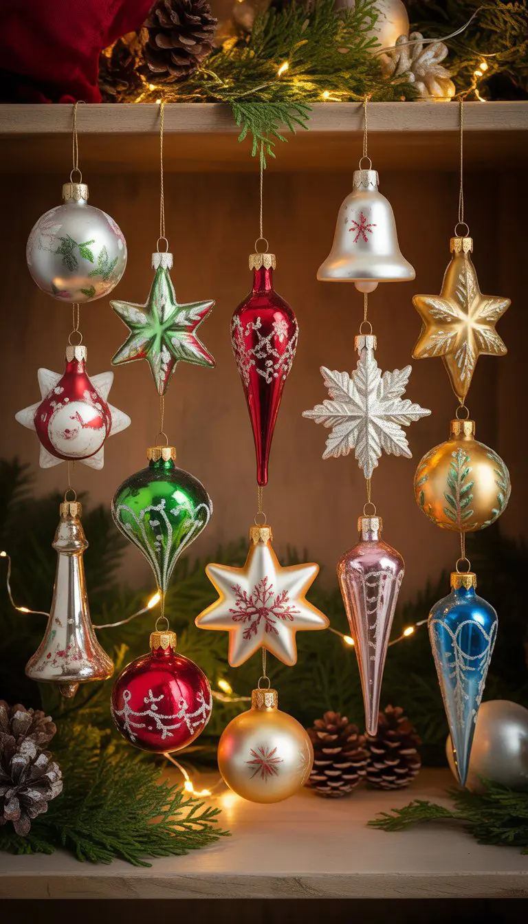 A wooden shelf displaying 15 vintage glass Christmas ornaments with evergreen sprigs and fairy lights.