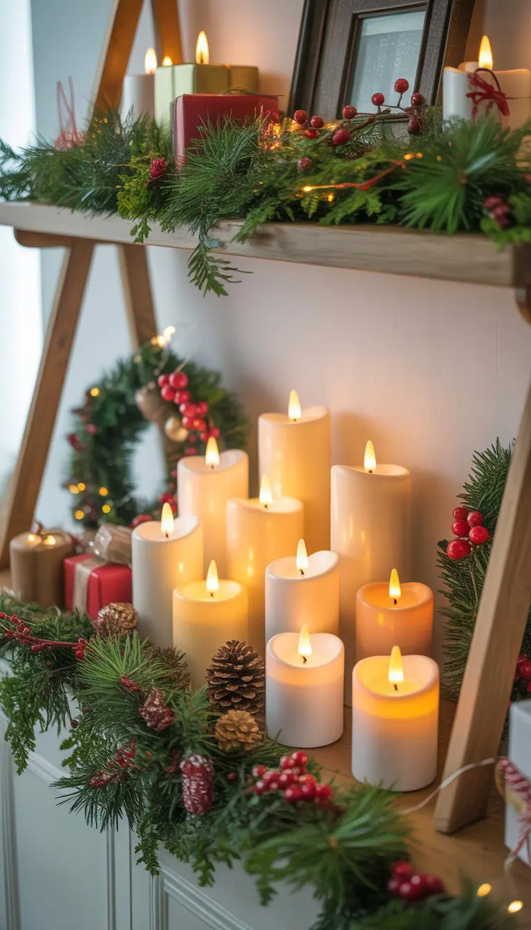 A wooden shelf decorated with battery-operated flameless candles, pine garlands, red berries, pinecones, and Christmas ornaments glowing warmly.