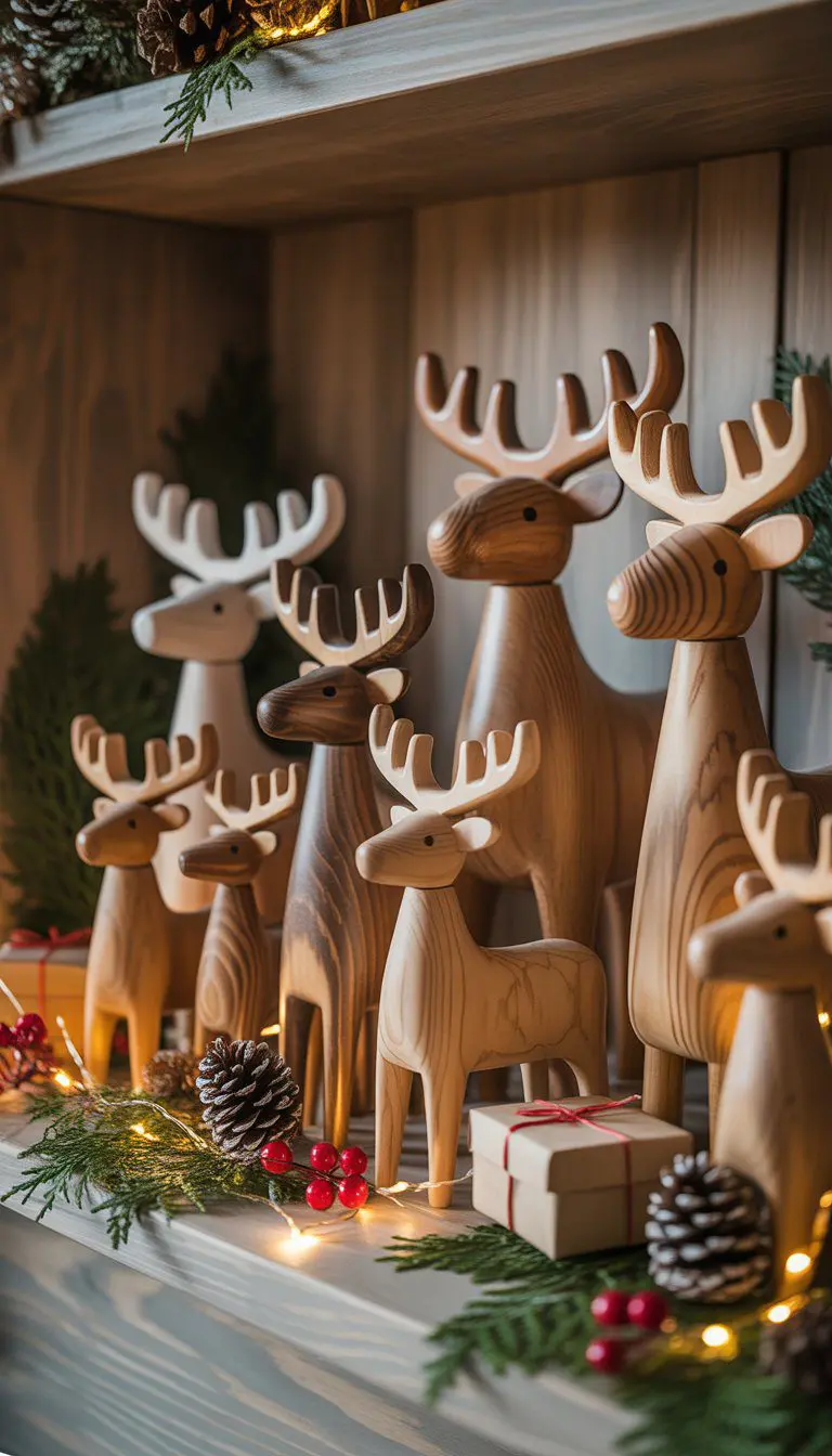 A collection of wooden reindeer figurines displayed on a Christmas shelf with pine cones, evergreen sprigs, red berries, and warm lights.