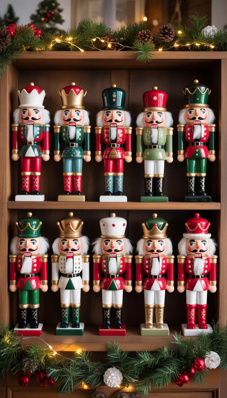 A wooden shelf displaying fifteen colorful ceramic nutcracker statues with Christmas decorations like pine garlands, ornaments, and lights.