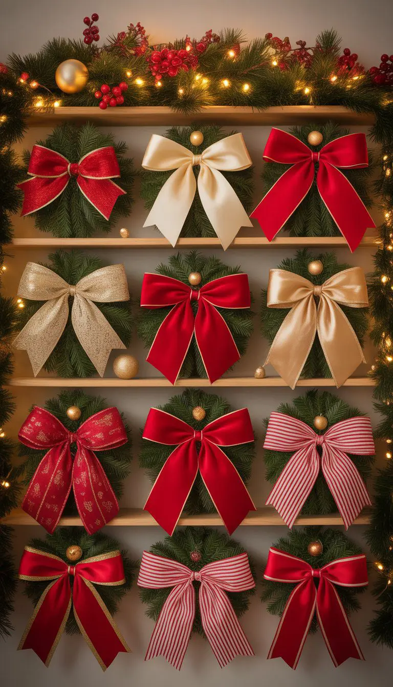 A Christmas shelf decorated with red and gold ribbon bows, pine garlands, fairy lights, and small ornaments.