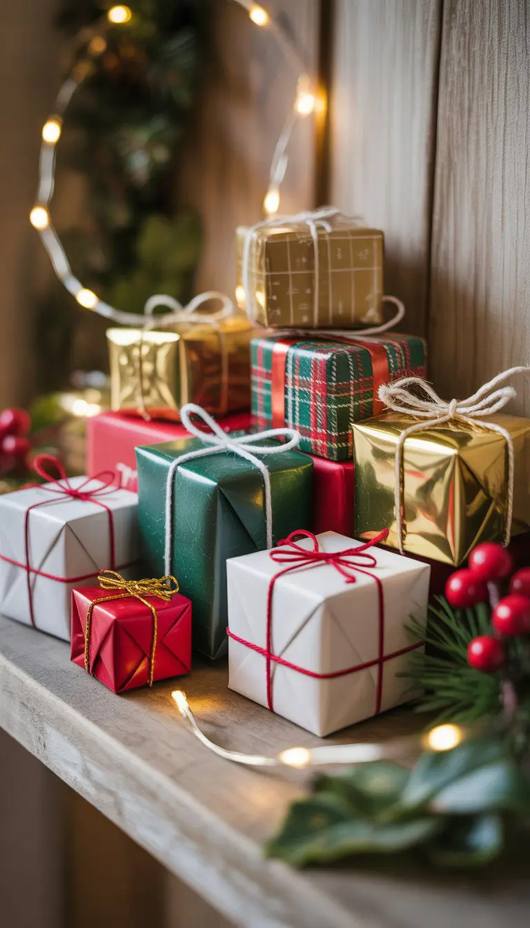 A shelf decorated with small wrapped Christmas gift boxes and holiday greenery with warm lights.