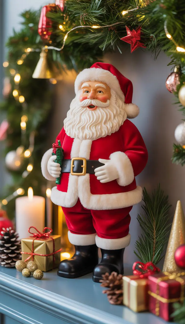 A classic Santa Claus figurine displayed on a Christmas-decorated shelf with ornaments, pine garlands, and lights.