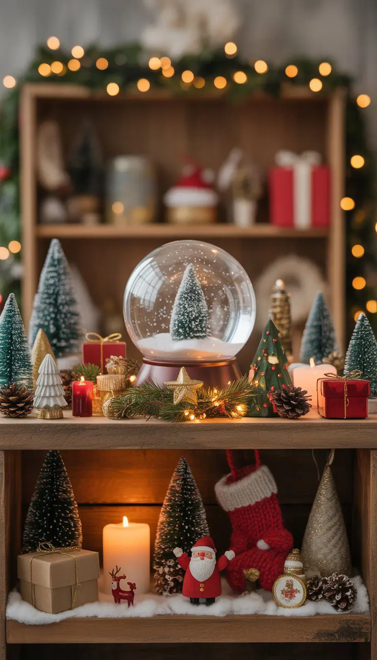 A shelf decorated with a large snow globe surrounded by various Christmas decorations including miniature trees, ornaments, candles, and festive figurines.