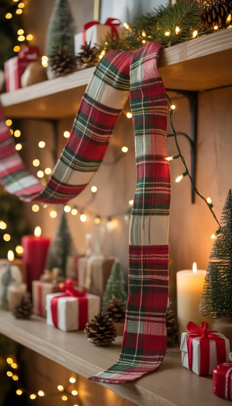 A Christmas shelf decorated with a plaid fabric garland, pinecones, small gift boxes, miniature trees, candles, and fairy lights.