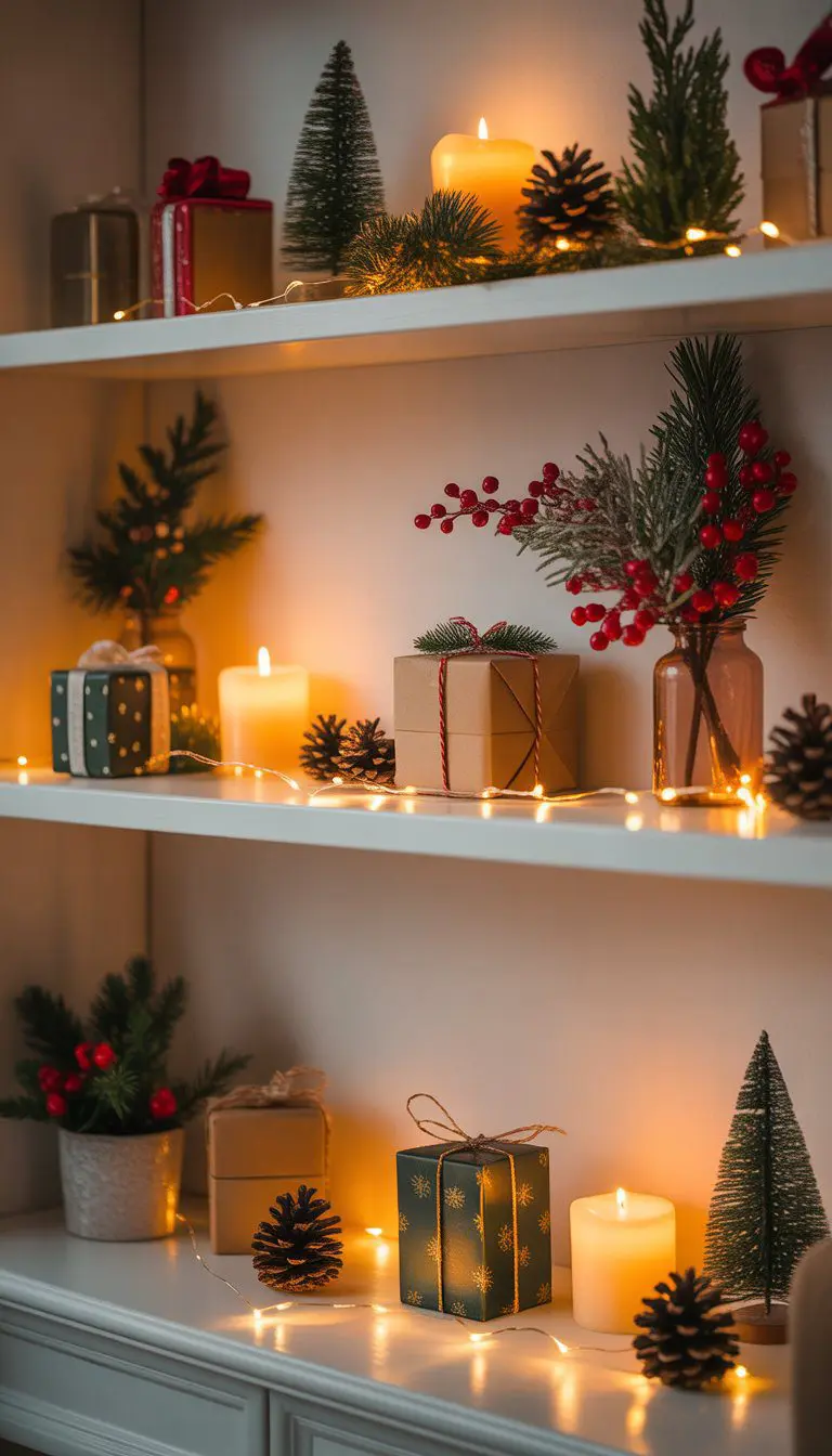 A shelf decorated with warm white string lights and various Christmas decorations including pine cones, small gifts, evergreen branches, and candles.