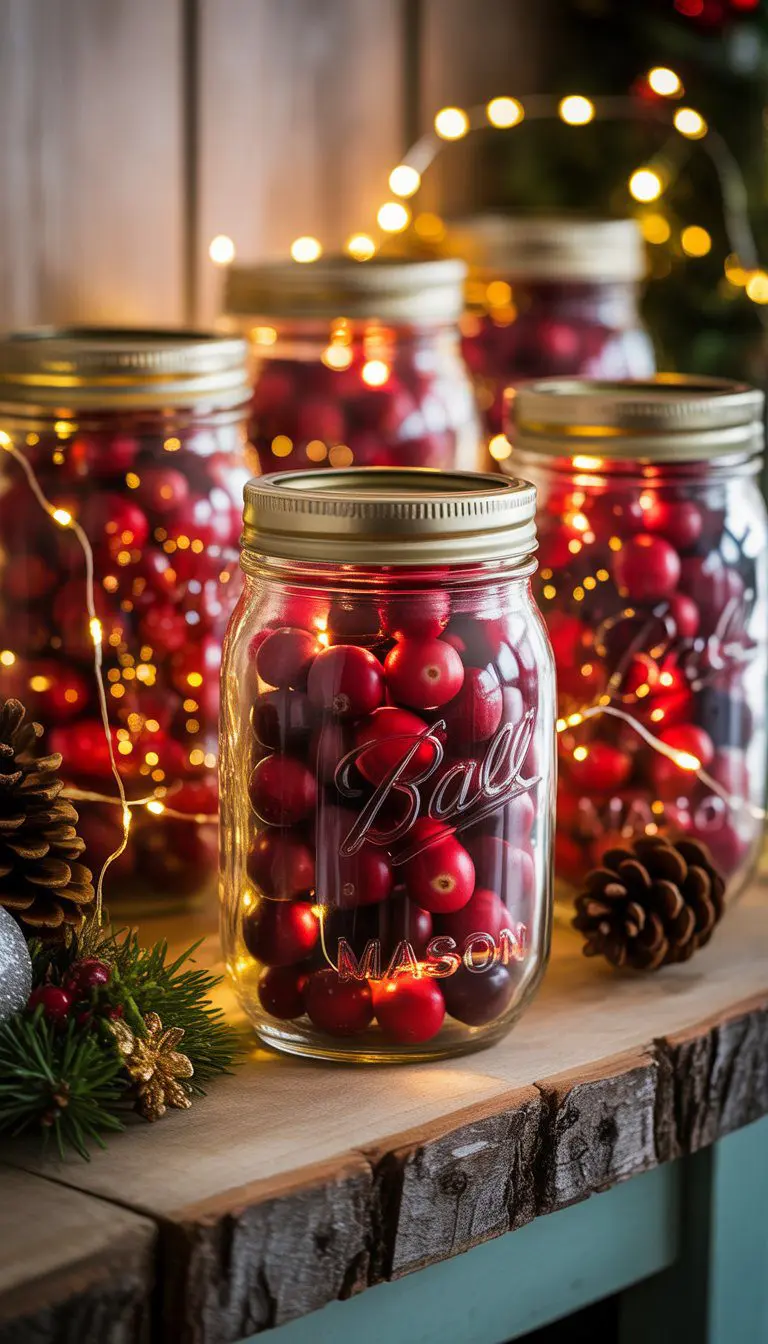 Mason jars filled with cranberries and glowing fairy lights arranged on a wooden shelf with Christmas decorations.