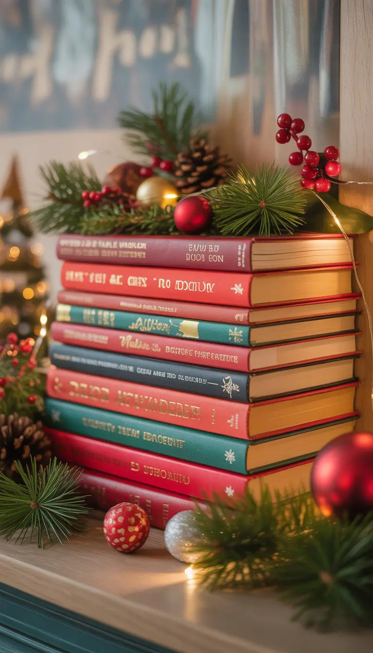 A stack of red-covered books on a wooden shelf decorated with pine branches, pine cones, red berries, and Christmas ornaments.