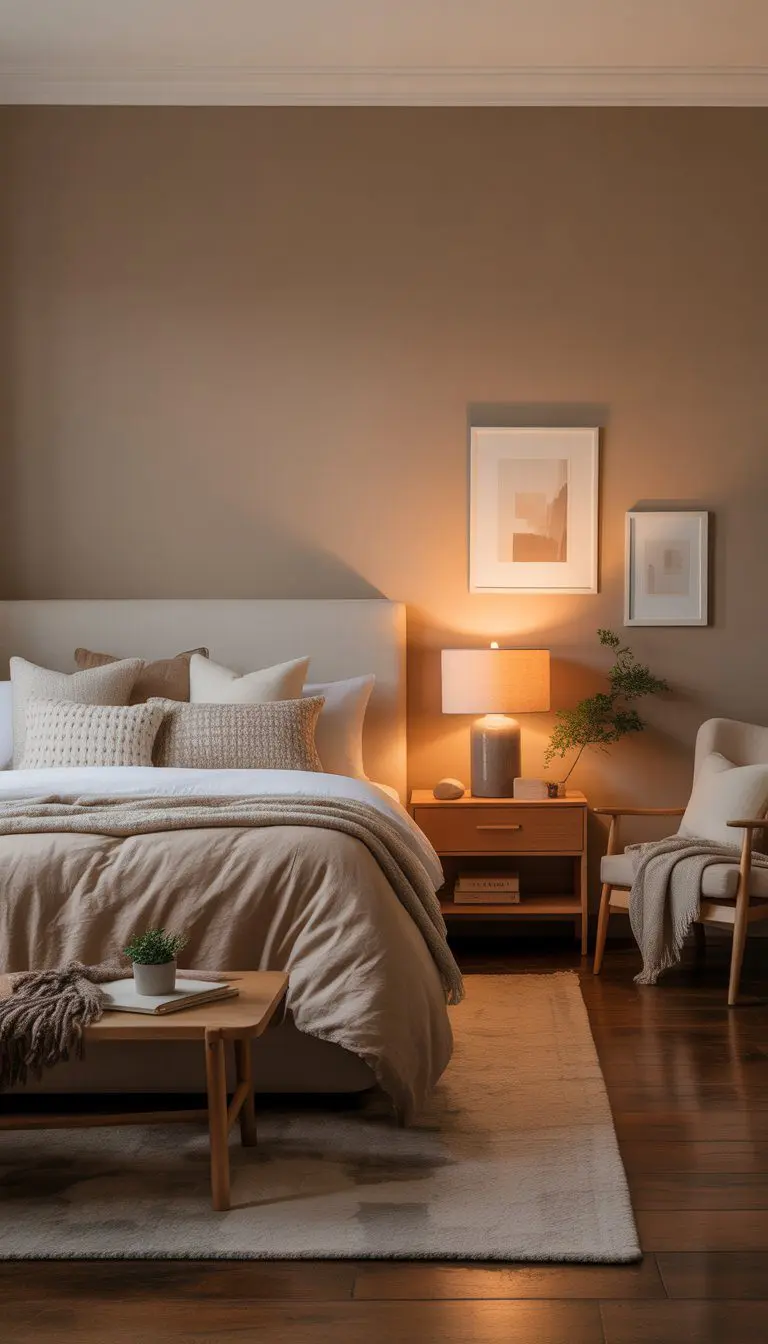 A cozy bedroom with warm taupe walls, a neatly made bed, wooden nightstand with lamp, and soft natural lighting.