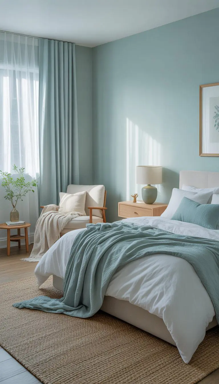 A calm bedroom with soft blue-green walls, a neatly made bed, natural light, and simple furniture.